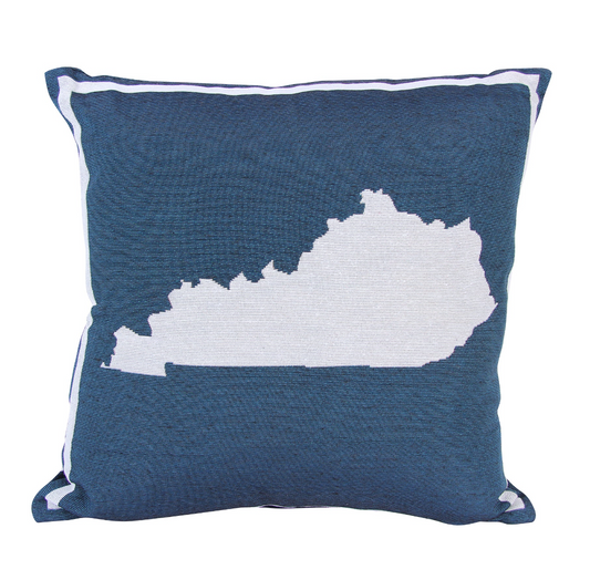 Blue square pillow with the state of kentucky in the middle.