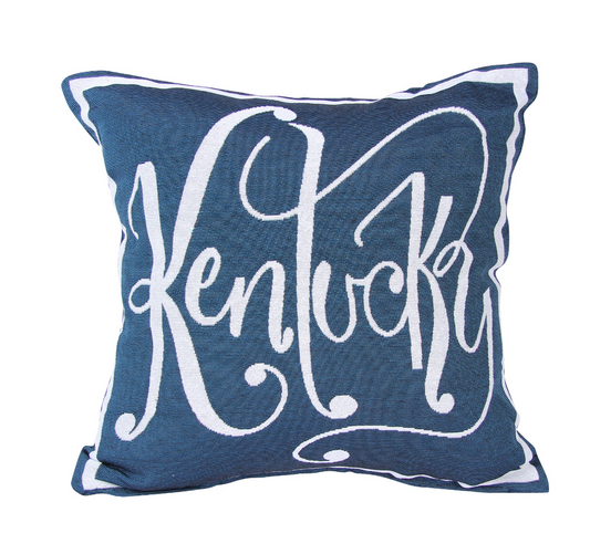 Square navy blue pillow with the word Kentucky written on the center in cursive.