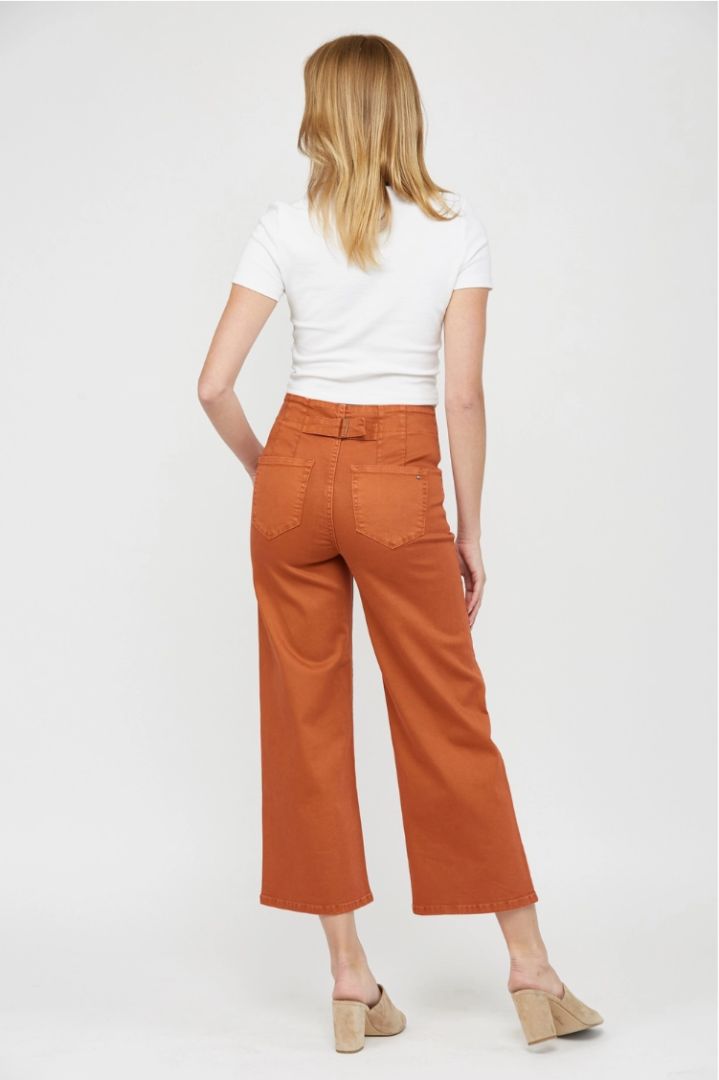 Person wearing rust-colored pants and a white top on a white background