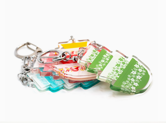 Set of colorful keychains with floral designs on a white background