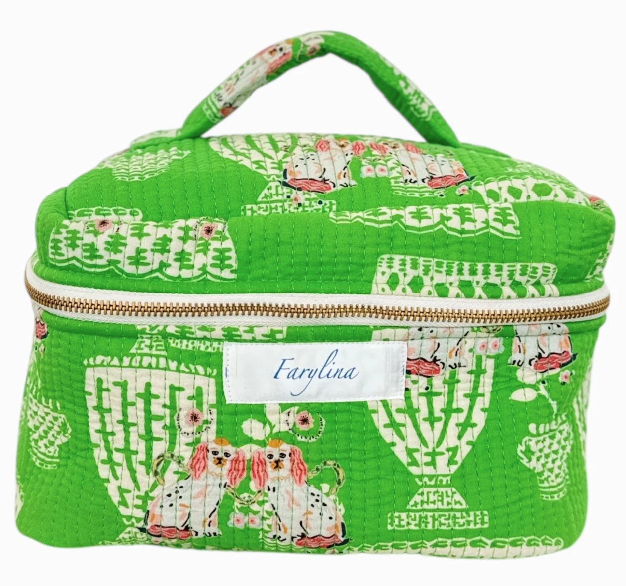 Green patterned fabric box with a visible brand label on a white background