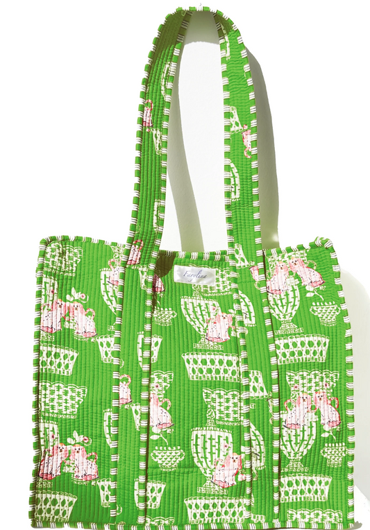 Large Green Cotton Tote Bag with Dogs and Pottery