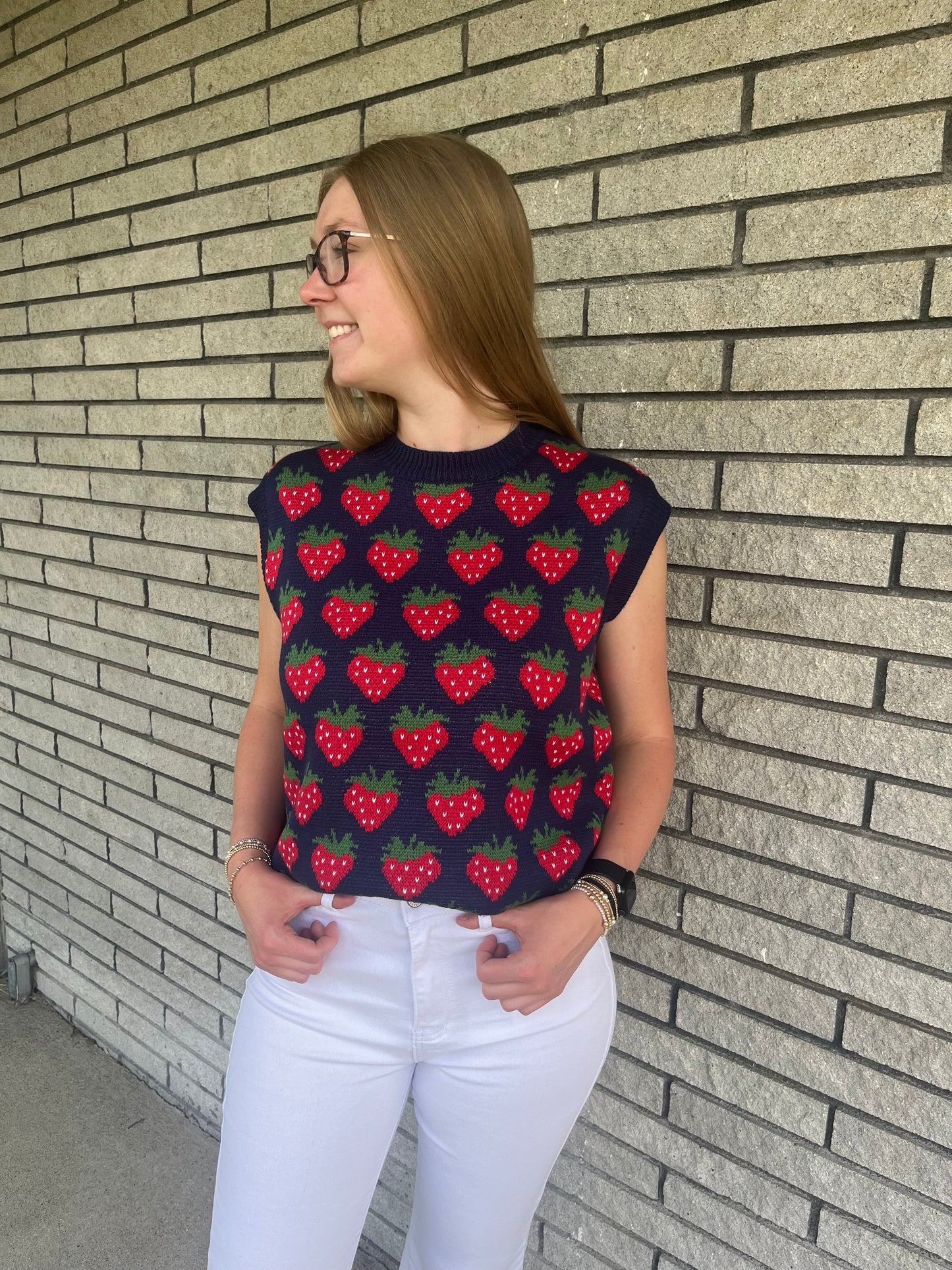 Short Sleeve Knit Sweater with Strawberry Design