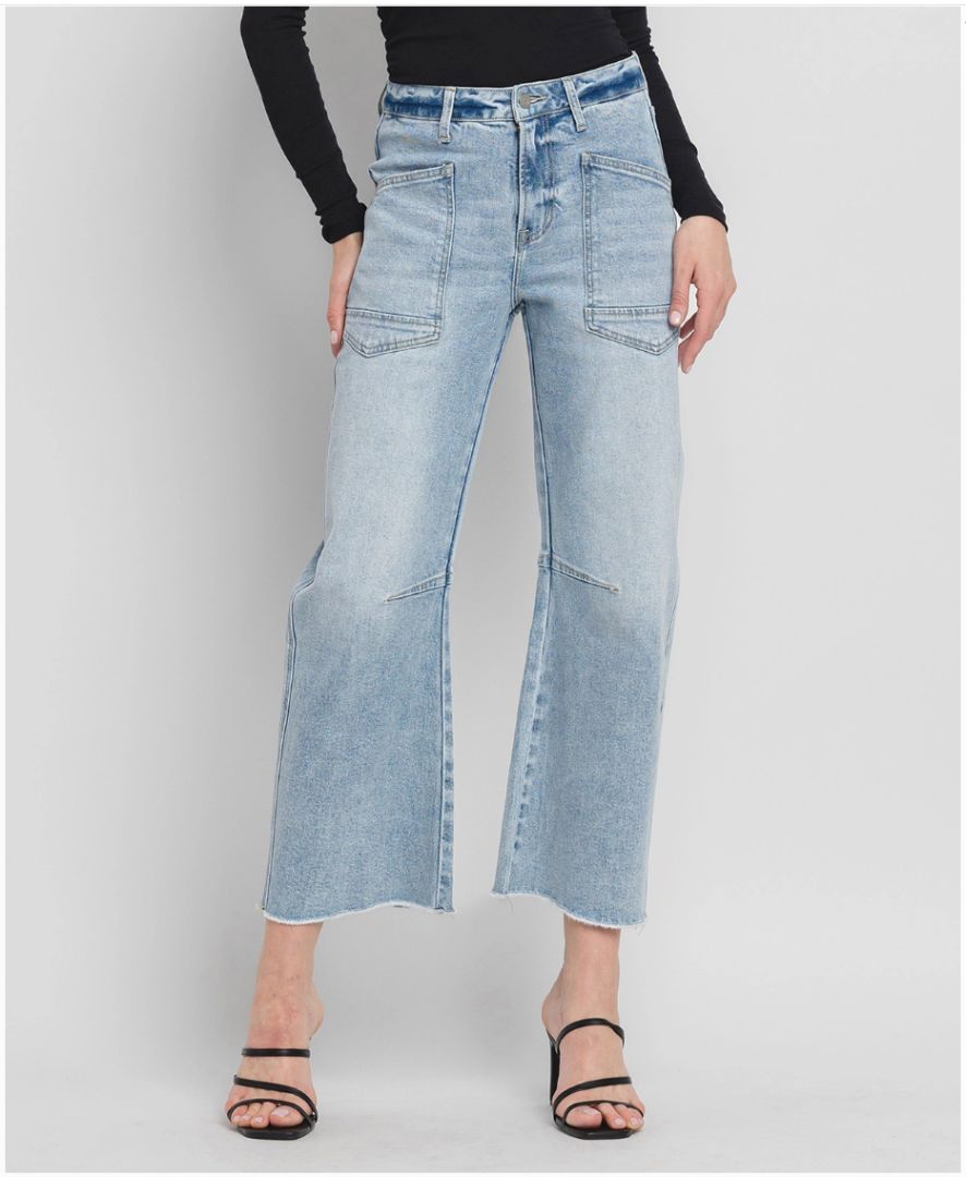 Light blue jeans worn by a person on a plain background