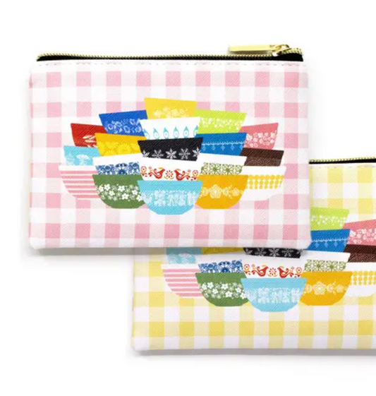 Two pouches with a checkered pattern and colorful bowl design on a white background