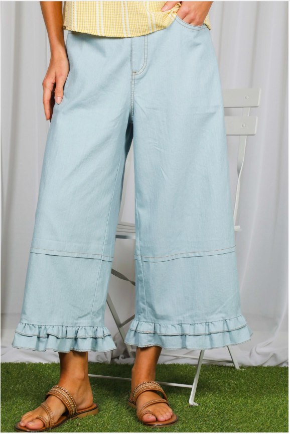 Casual Ruffle Hem Stone Wash Cropped Denim Pants
