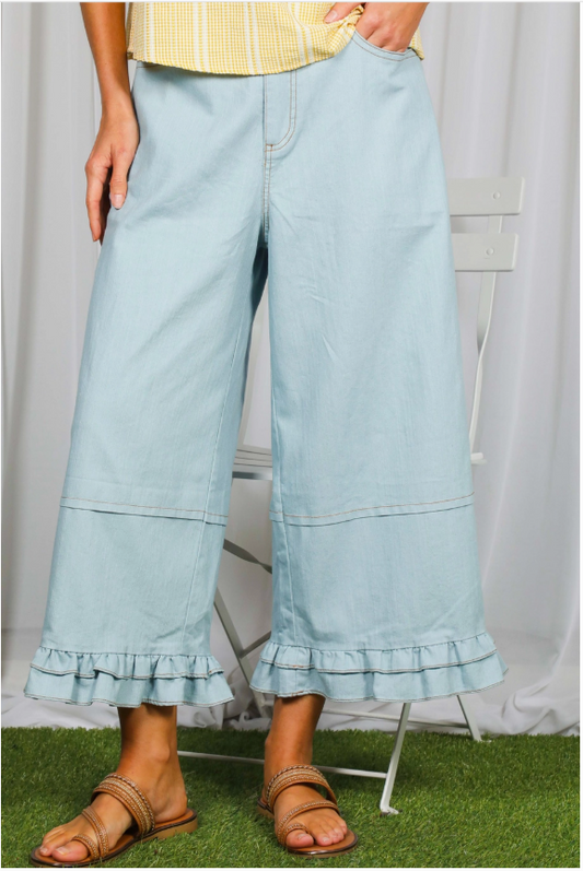 Casual Ruffle Hem Stone Wash Cropped Denim Pants