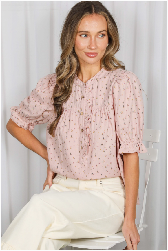 Ruffle Embellished 100%Cotton Floral Shirt
