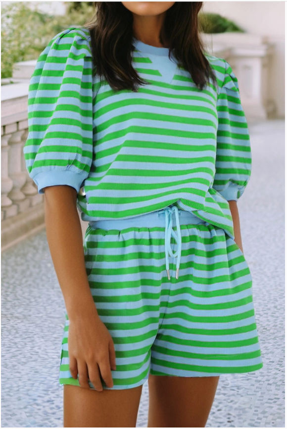 Stripe Spring Puff Sleeve Shirt Matching Shorts Set