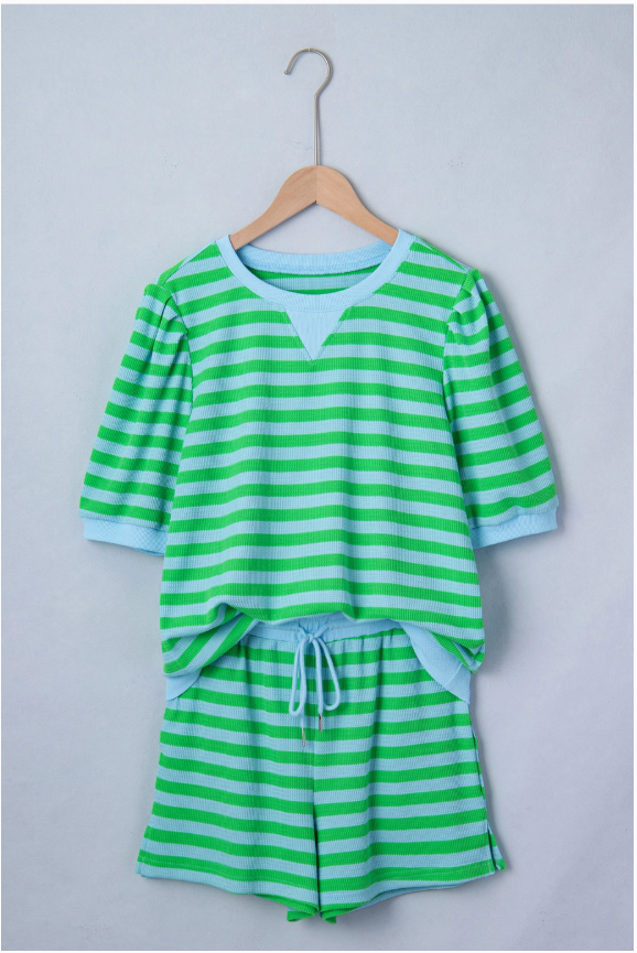Stripe Spring Puff Sleeve Shirt Matching Shorts Set