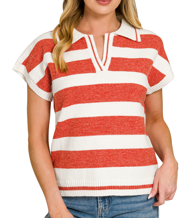 Striped Collared Short Sleeve Sweater
