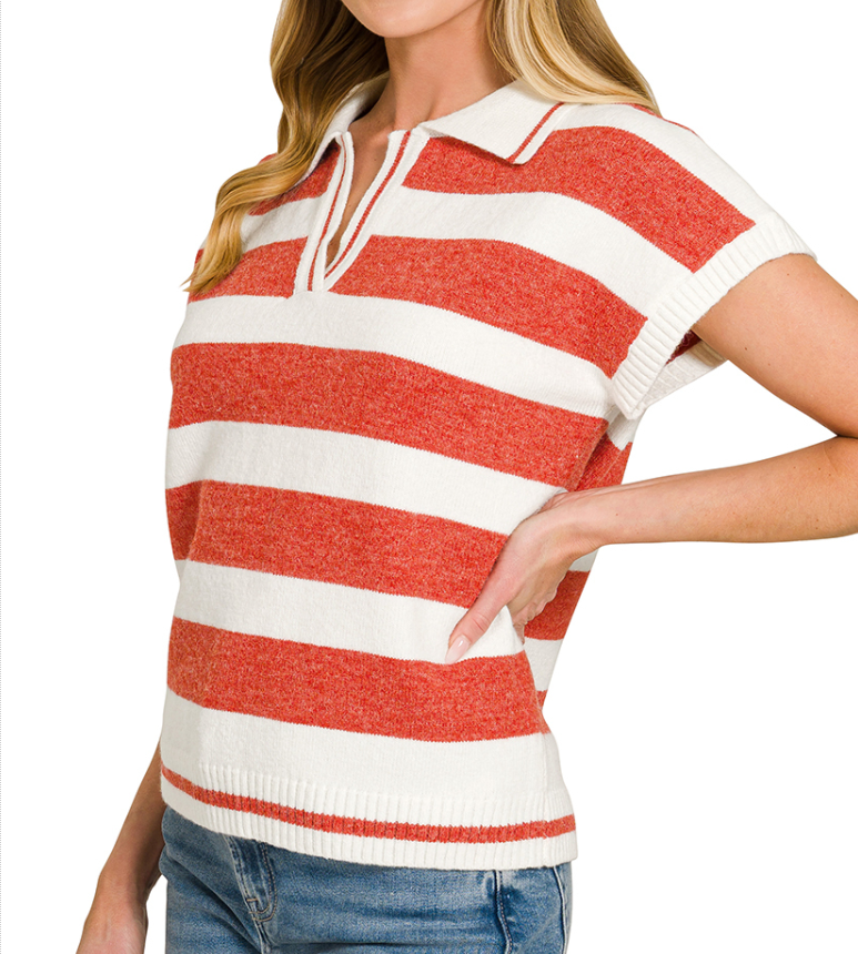 Striped Collared Short Sleeve Sweater