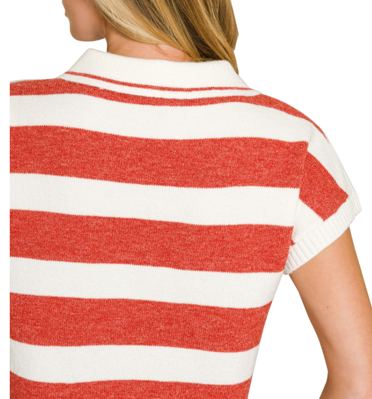 Striped Collared Short Sleeve Sweater