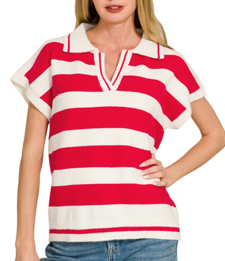 Striped Collared Short Sleeve Sweater