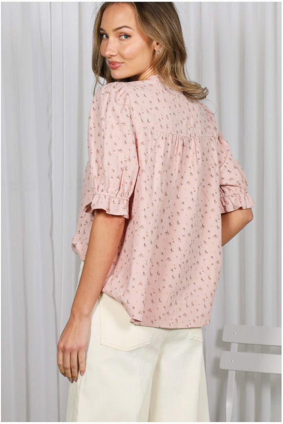 Ruffle Embellished 100%Cotton Floral Shirt